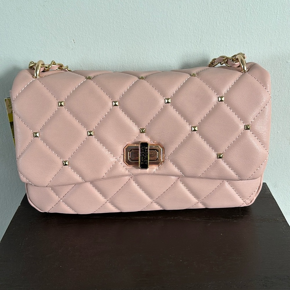 Badgley Mischka Woven Strap Crosdbody w/ diamond quilted & studded blush color